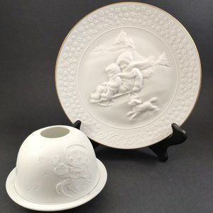 Set of Bisque Porcelain Snowy Christmas Children Decorations